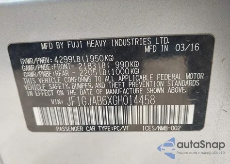 2016 Subaru Impreza 2.0I Premium из США, поврежденный, VIN JF1GJAB6XGH014458